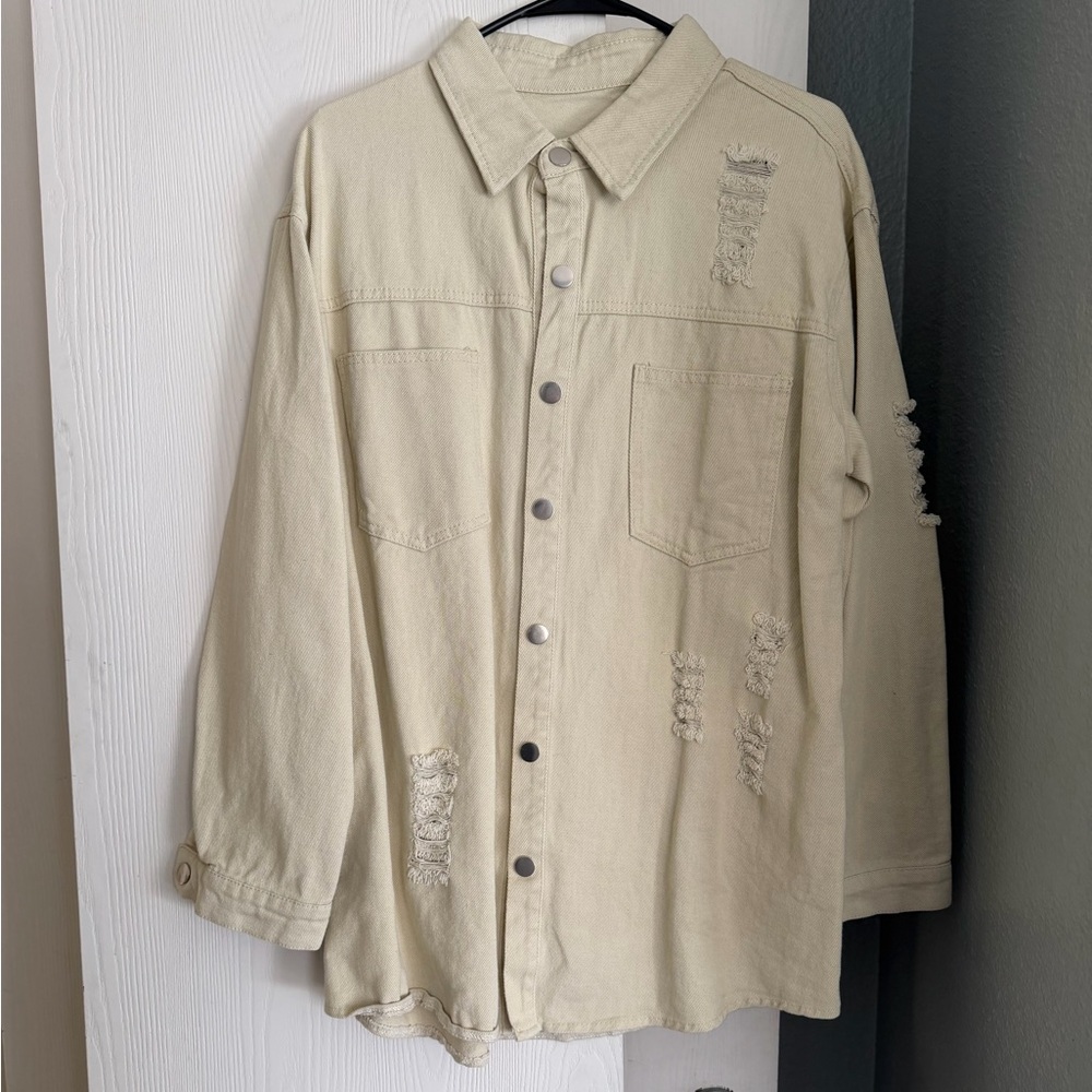 SHEIN Women’s Beige Distressed Oversized Shirt Jacket